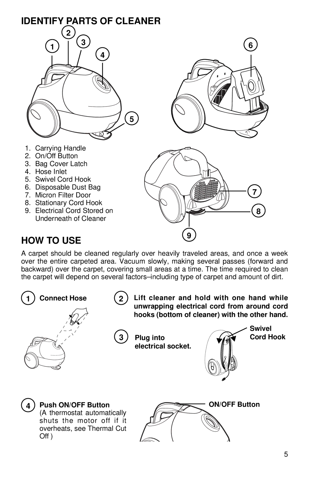 Eureka 960, 965 warranty Identify Parts of Cleaner, HOW to USE 