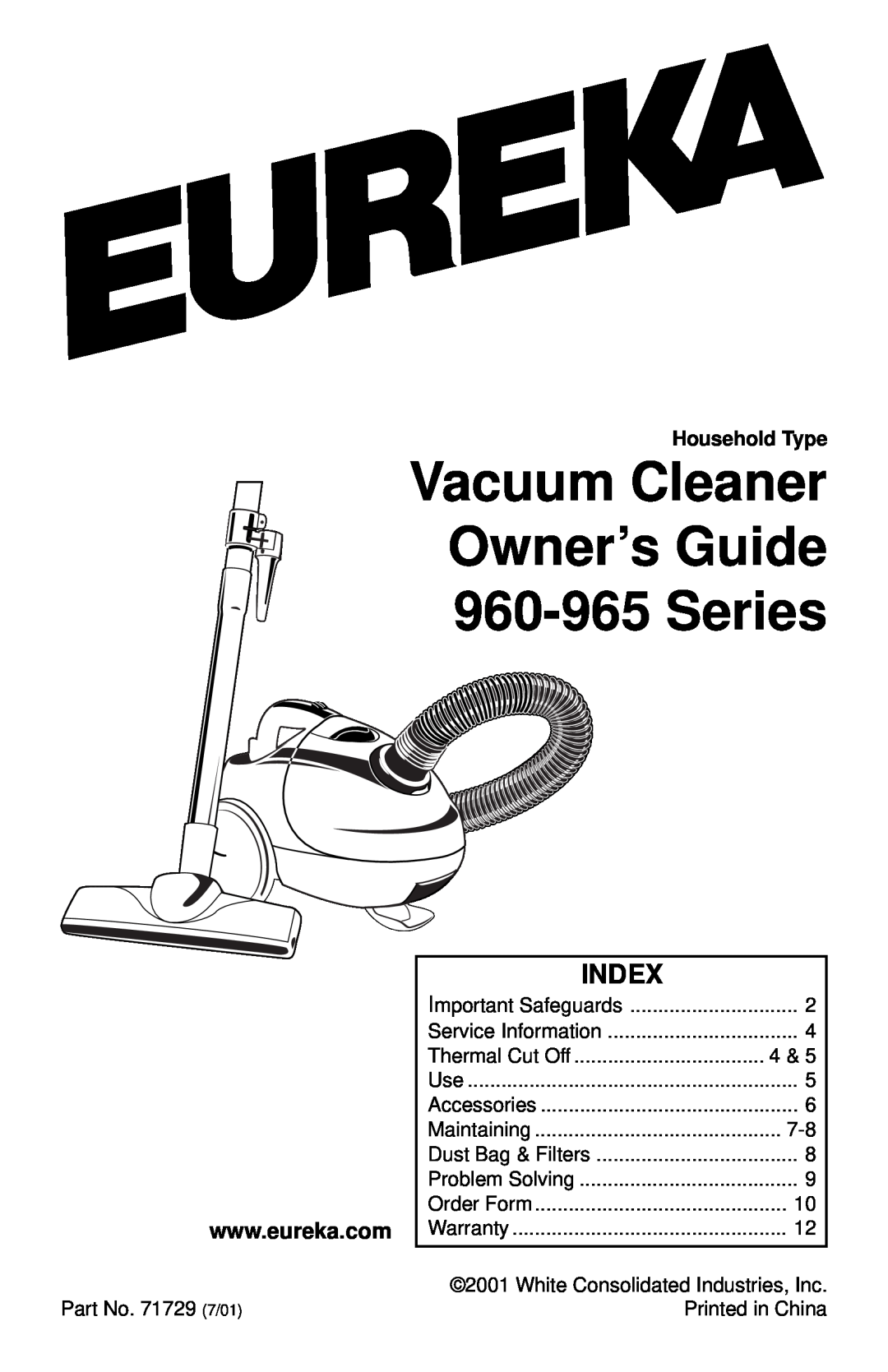 Eureka warranty Index, Vacuum Cleaner Owner’s Guide 960-965 Series 