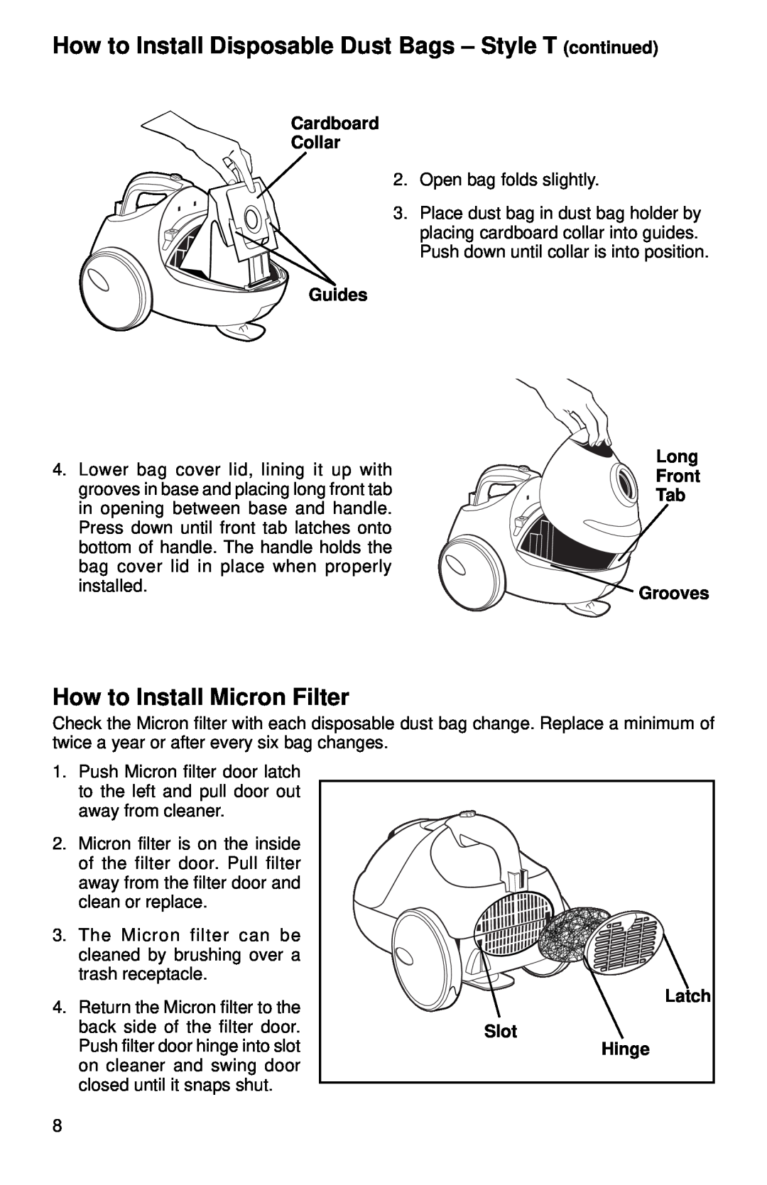 Eureka 965 How to Install Disposable Dust Bags - Style Tcontinued, How to Install Micron Filter, Cardboard Collar, Guides 