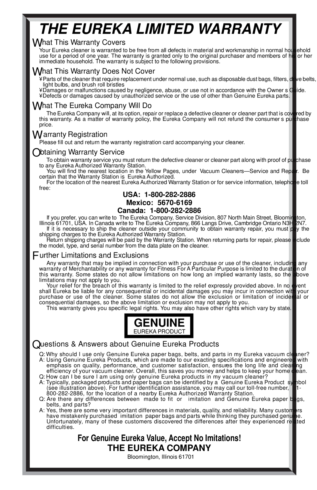 Eureka 96B warranty Eureka Limited Warranty, USA Mexico Canada 
