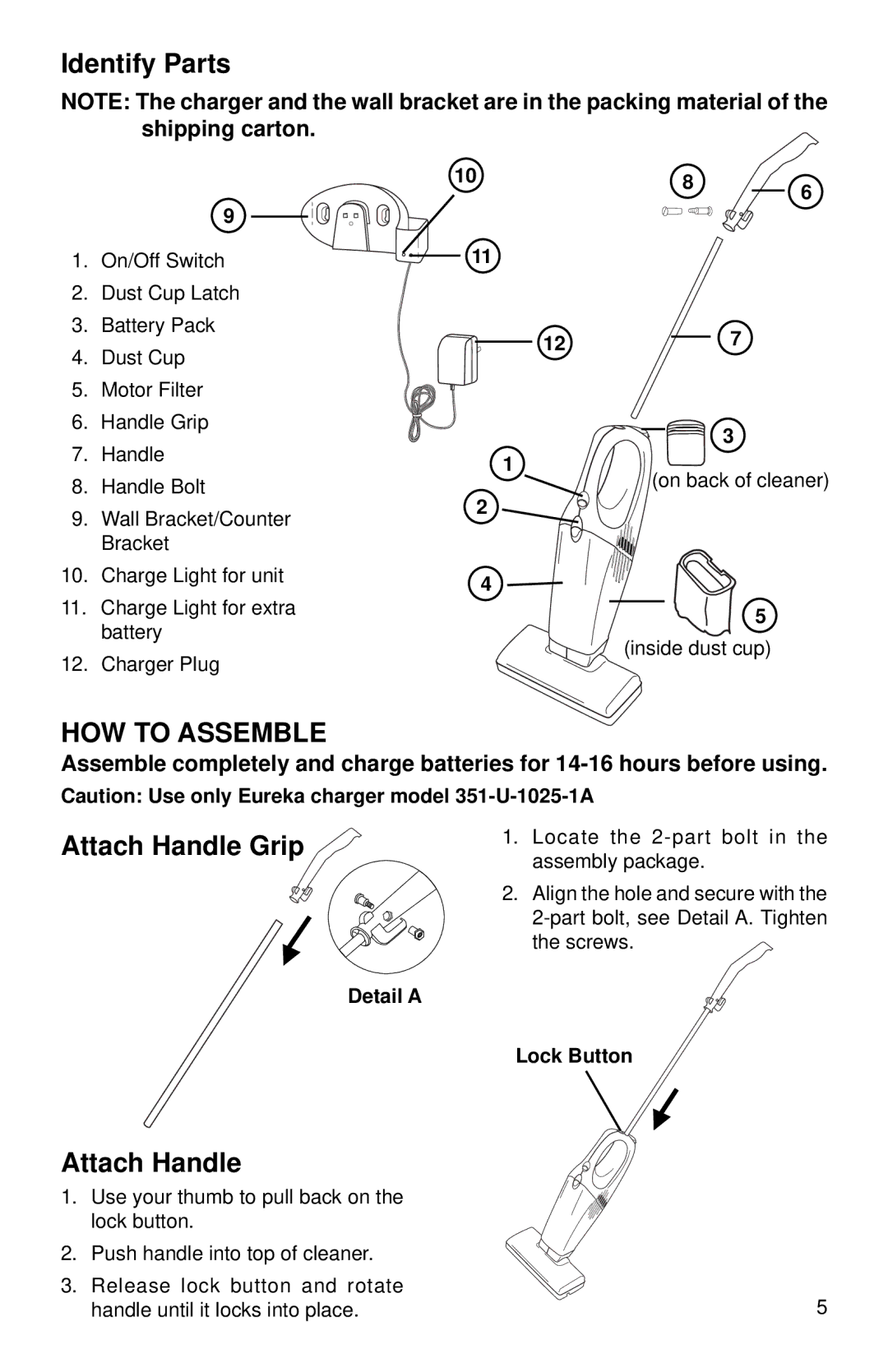 Eureka 96B warranty Identify Parts, HOW to Assemble, Attach Handle Grip 