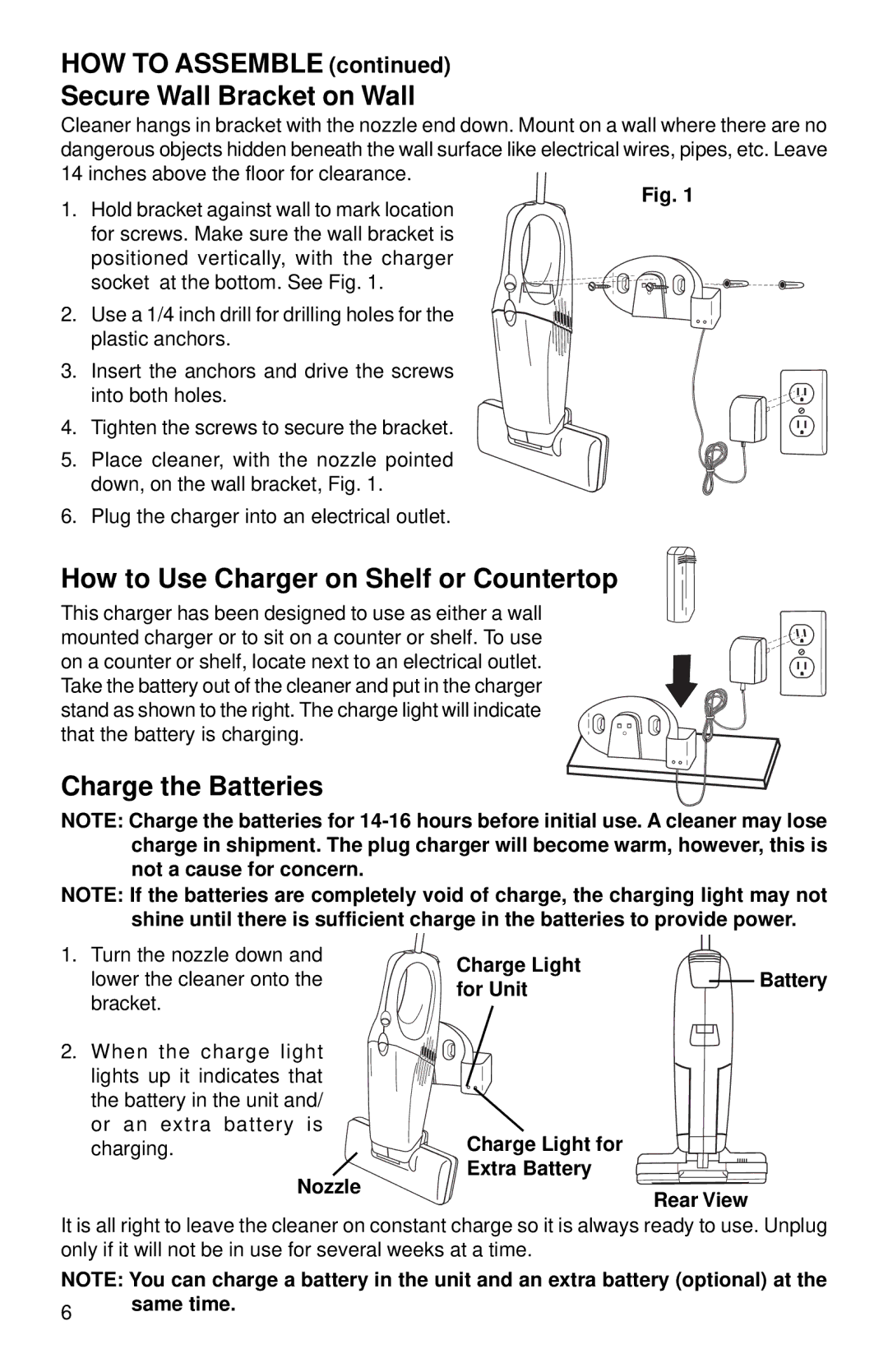 Eureka 96B HOW to Assemble Secure Wall Bracket on Wall, How to Use Charger on Shelf or Countertop, Charge the Batteries 