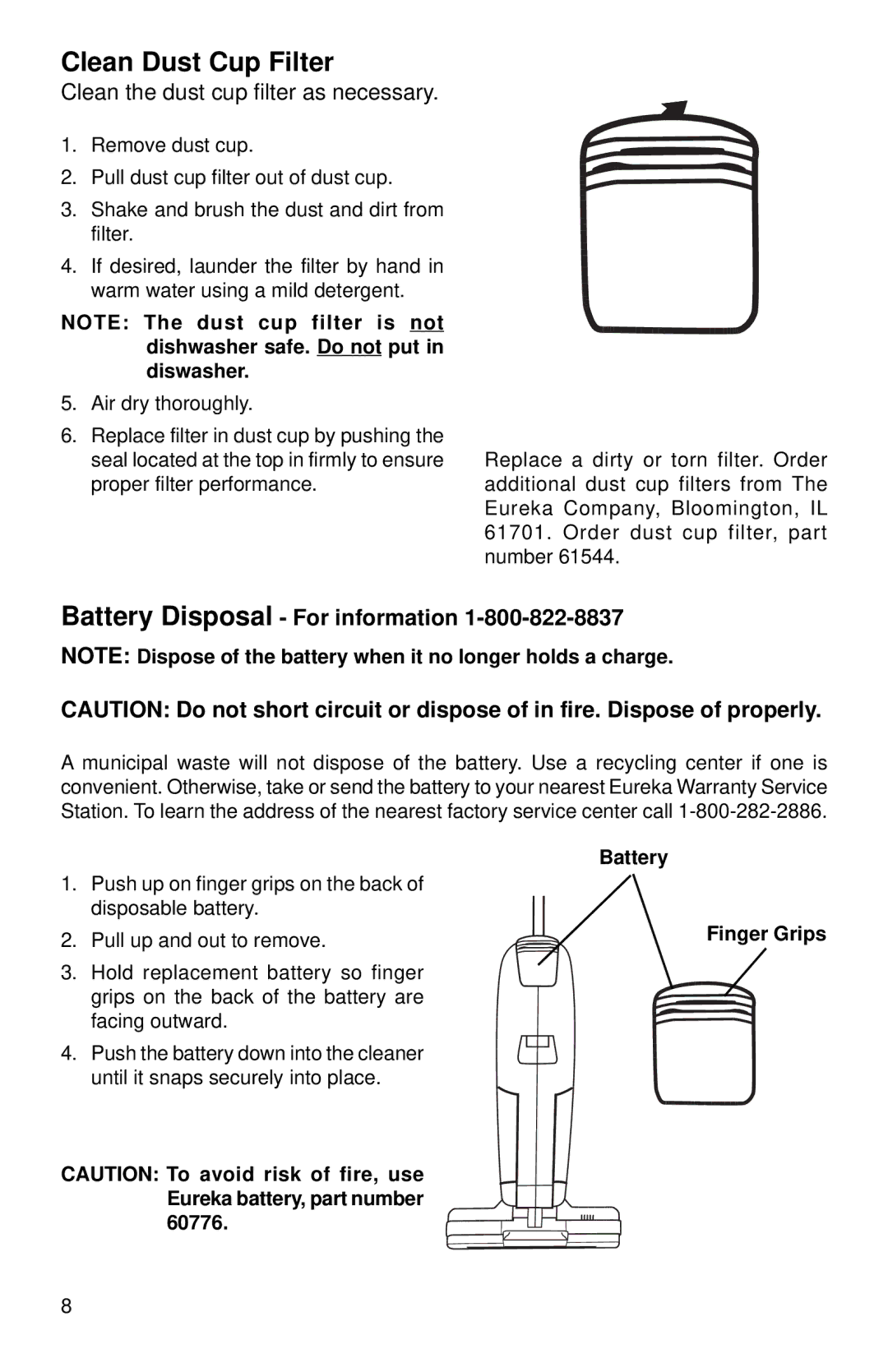Eureka 96B warranty Clean Dust Cup Filter, Battery Disposal For information, Finger Grips 