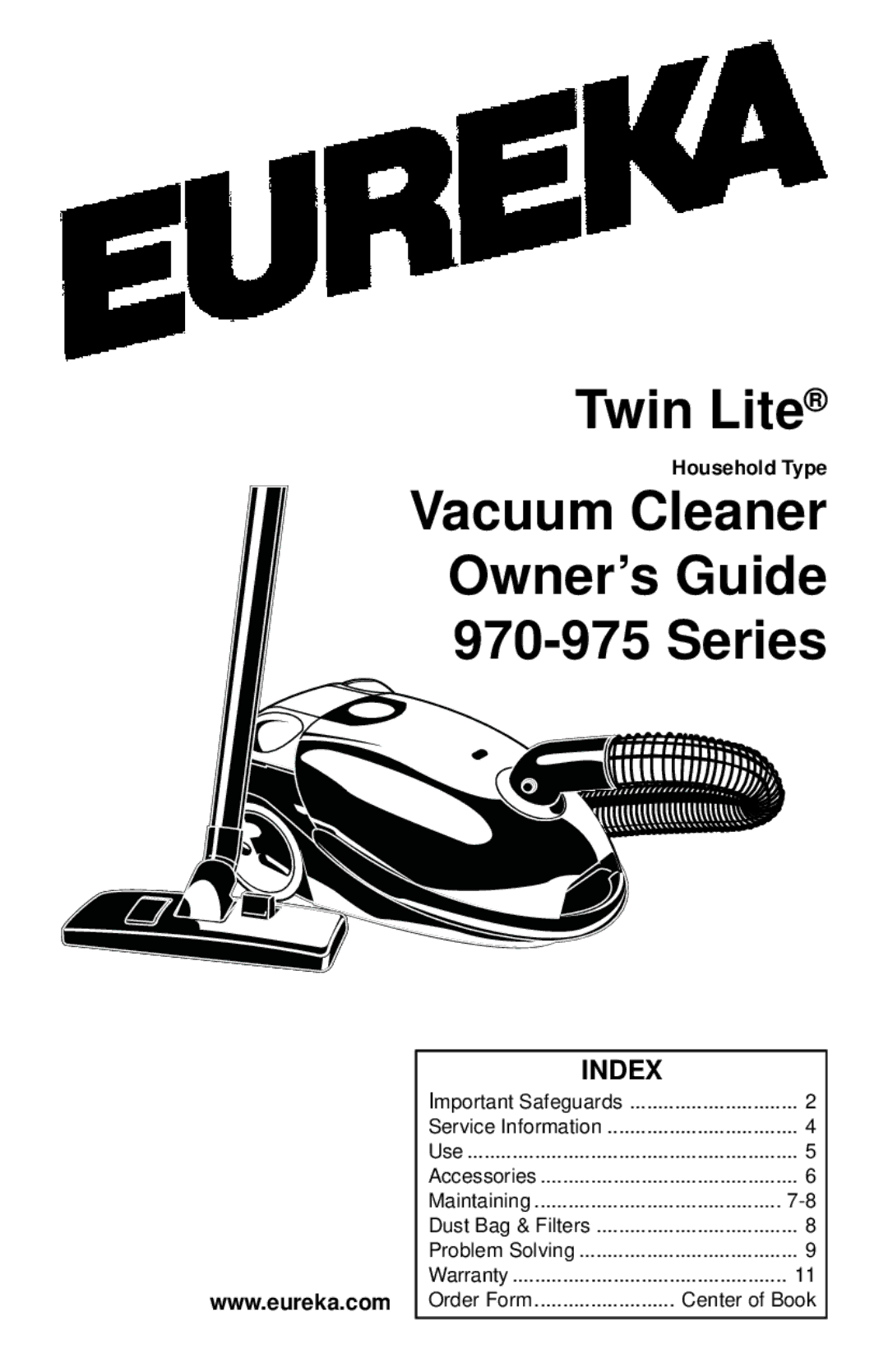 Eureka 970-975 Series warranty Vacuum Cleaner Owner’s Guide Series, Index 