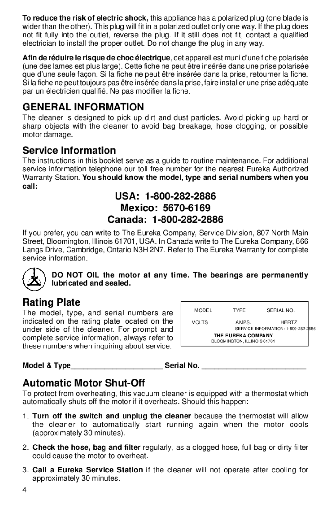 Eureka 970-975 Series General Information, Service Information, USA Mexico Canada, Rating Plate, Automatic Motor Shut-Off 