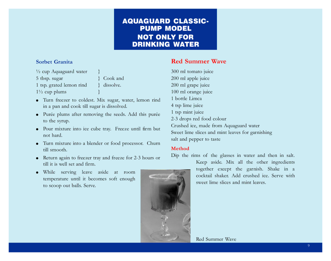 Eureka manual Aquaguard Classic Pump Model Not only for Drinking Water, Sorbet Granita 