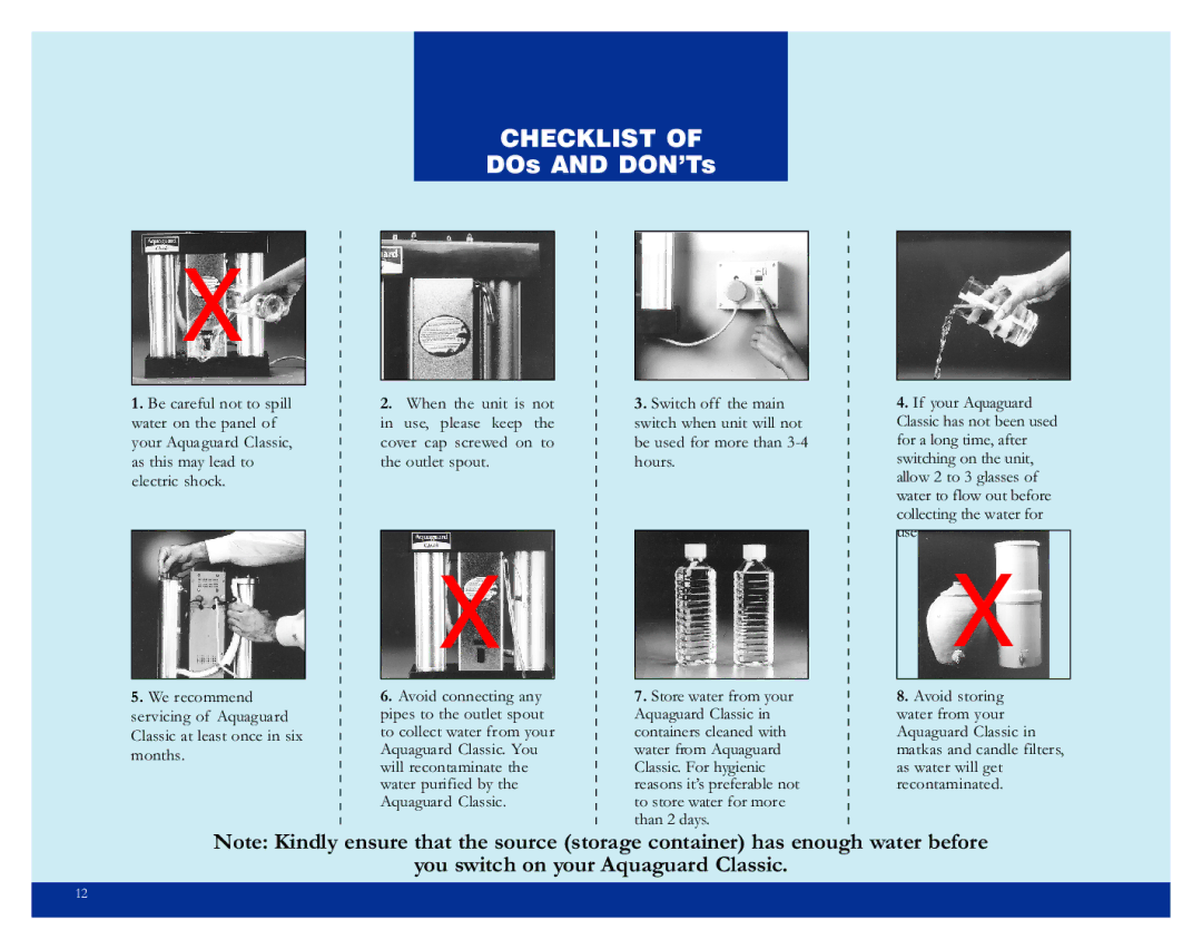 Eureka Aquaguard manual Checklist, DOs and DON’Ts 