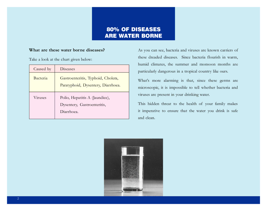 Eureka Aquaguard manual 80% of Diseases are Water Borne, What are these water borne diseases? 