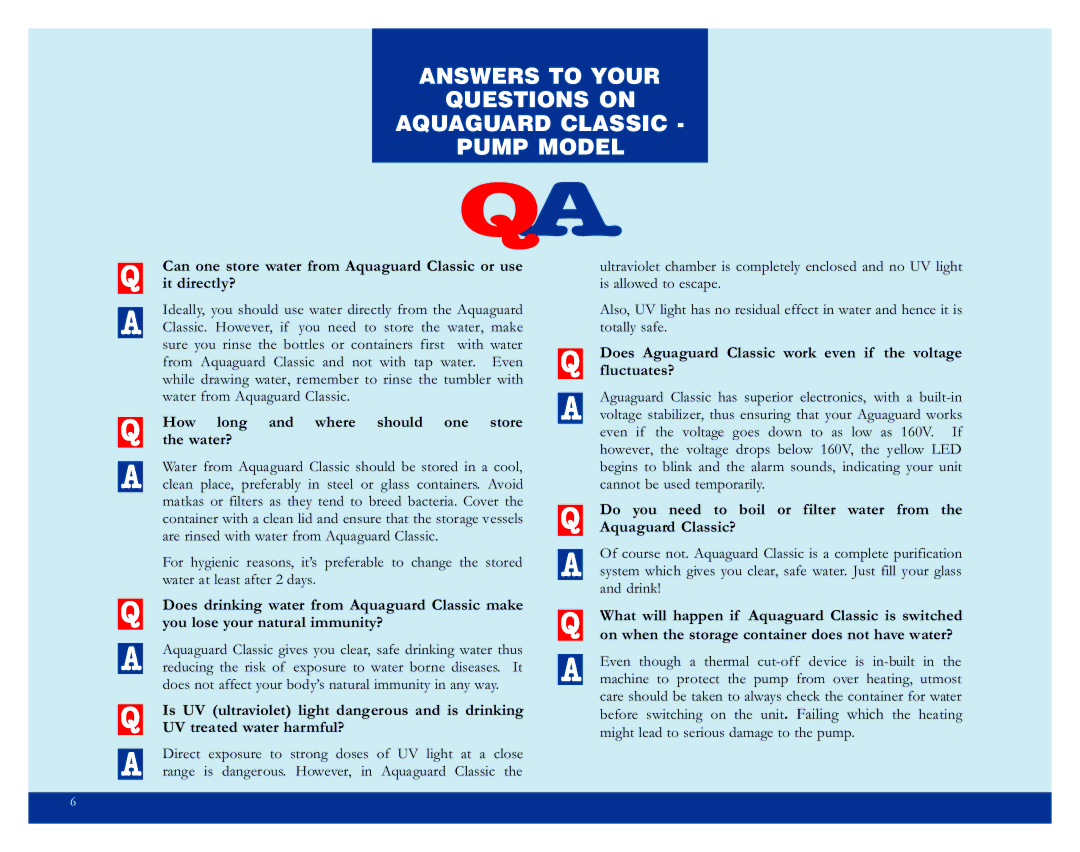 Eureka manual Answers to Your Questions on Aquaguard Classic Pump Model 