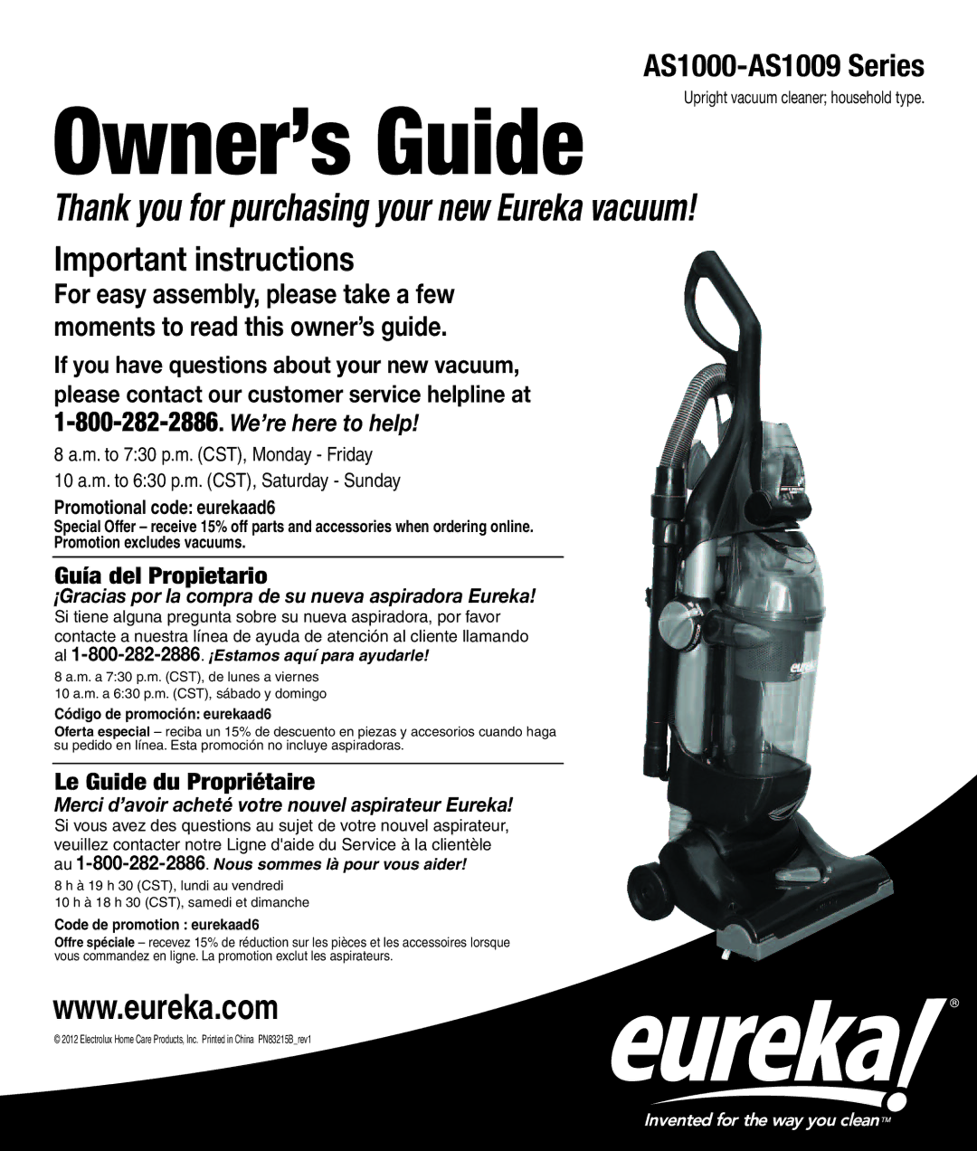 Eureka AS1009, AS1000 manual Owner’s Guide, Promotional code eurekaad6 