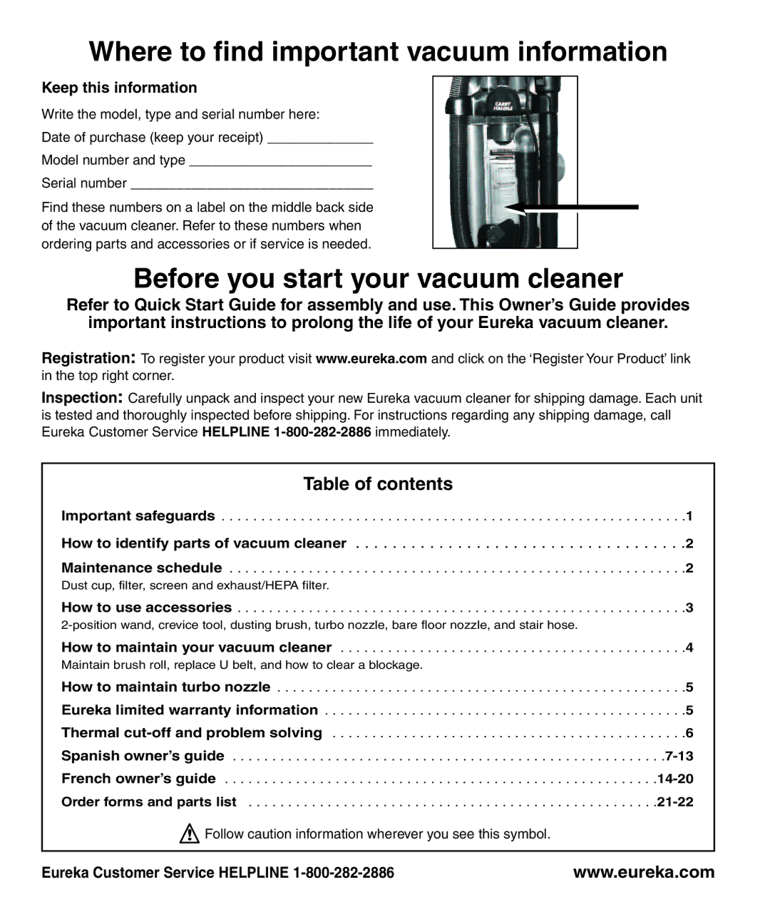 Eureka AS1000, AS1009 manual Where to find important vacuum information, Before you start your vacuum cleaner 