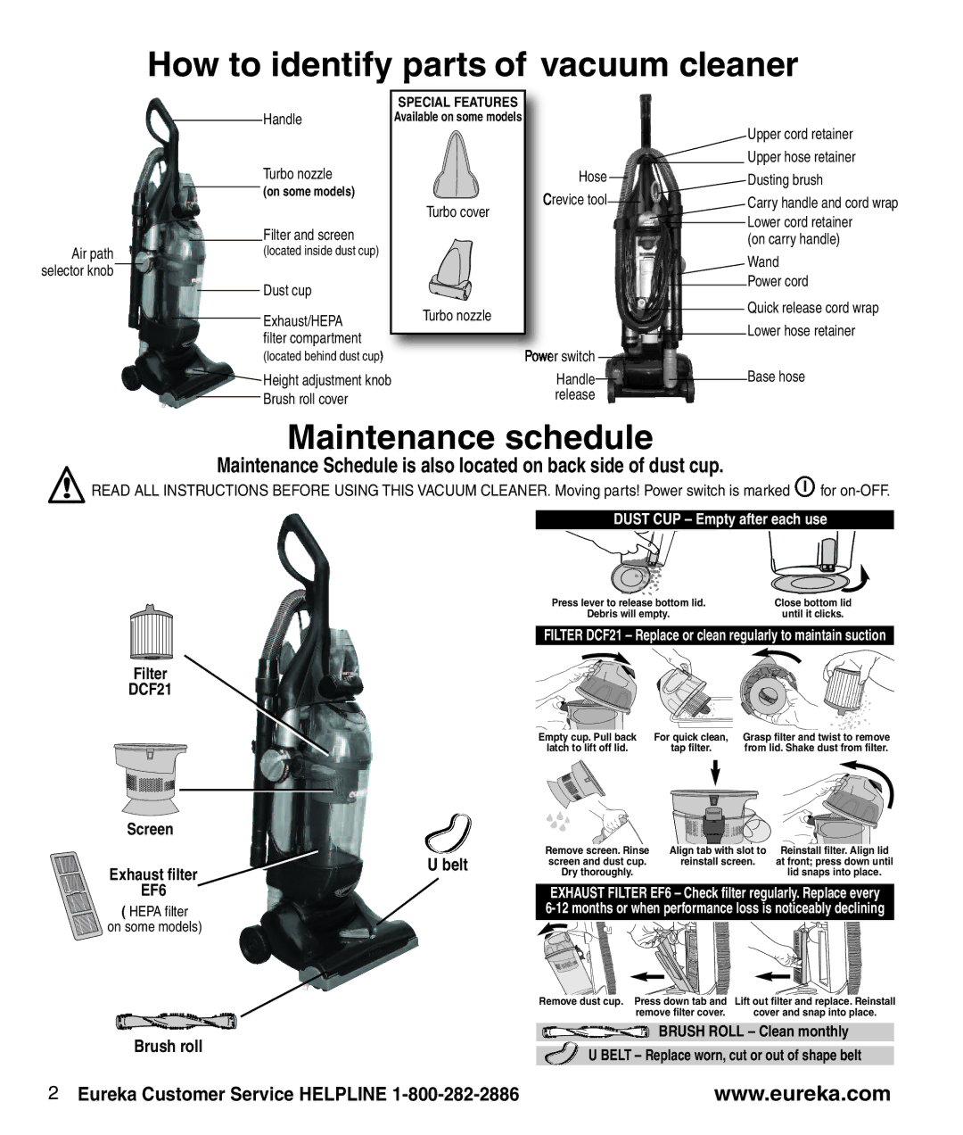 Eureka AS1000, AS1009 manual How to identify parts of vacuum cleaner, Maintenance schedule, Belt, Brush roll 