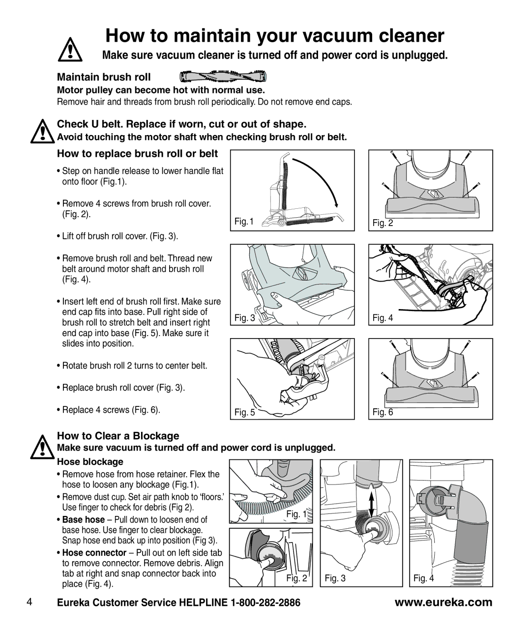 Eureka AS1000 How to maintain your vacuum cleaner, Maintain brush roll, Check U belt. Replace if worn, cut or out of shape 