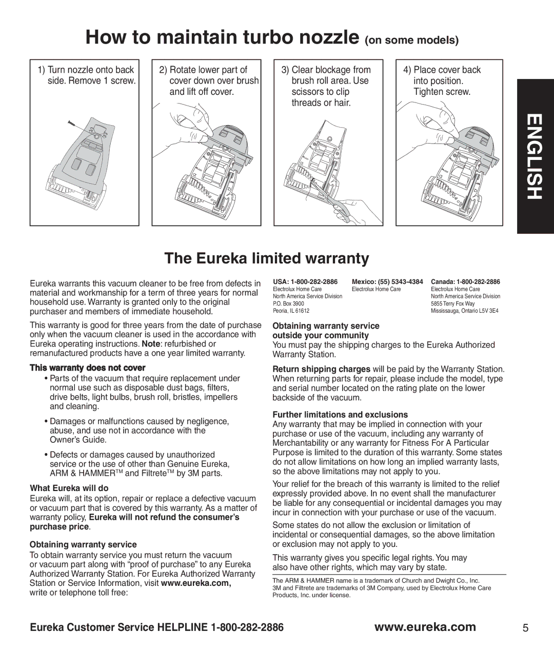 Eureka AS1009, AS1000 manual How to maintain turbo nozzle on some models, This warranty does not cover, What Eureka will do 