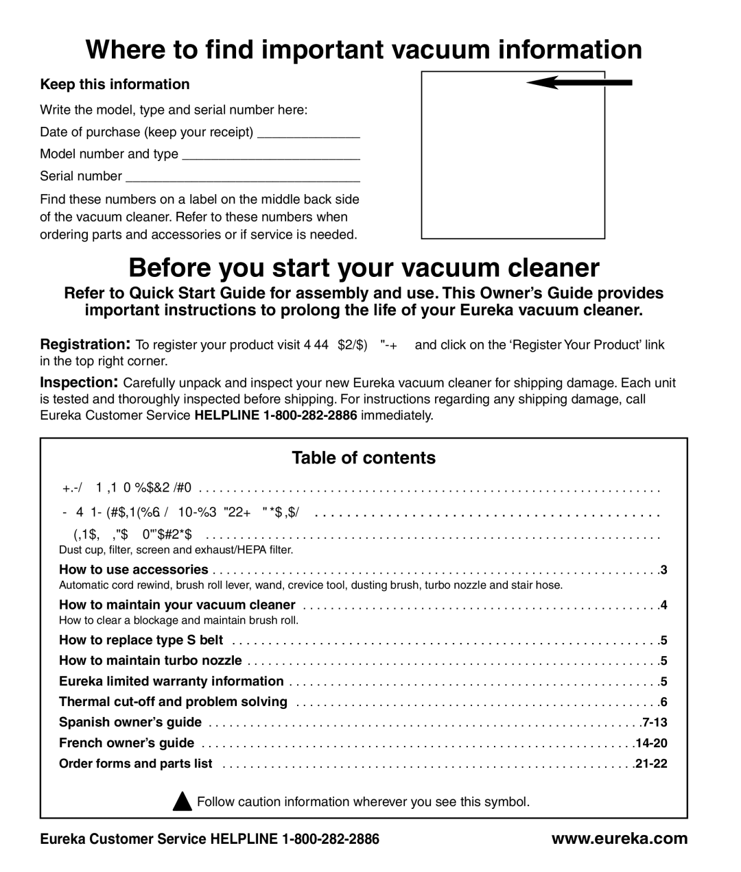 Eureka AS1001A manual Where to find important vacuum information, Before you start your vacuum cleaner, Table of contents 