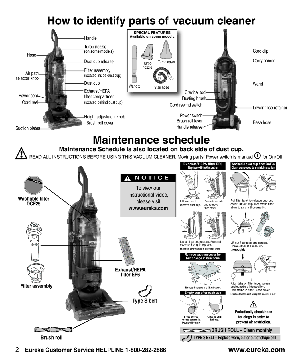 Eureka AS1001A How to identify parts of vacuum cleaner, Maintenance schedule, To view our Instructional video Please visit 