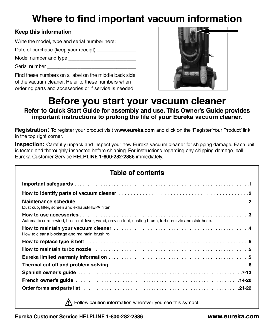 Eureka AS1001A manual Where to find important vacuum information, Before you start your vacuum cleaner, Table of contents 