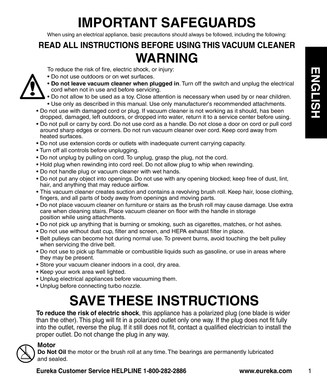 Eureka AS1001A manual English, Motor, Important Safeguards, Save These Instructions, Eureka Customer Service HELPLINE 