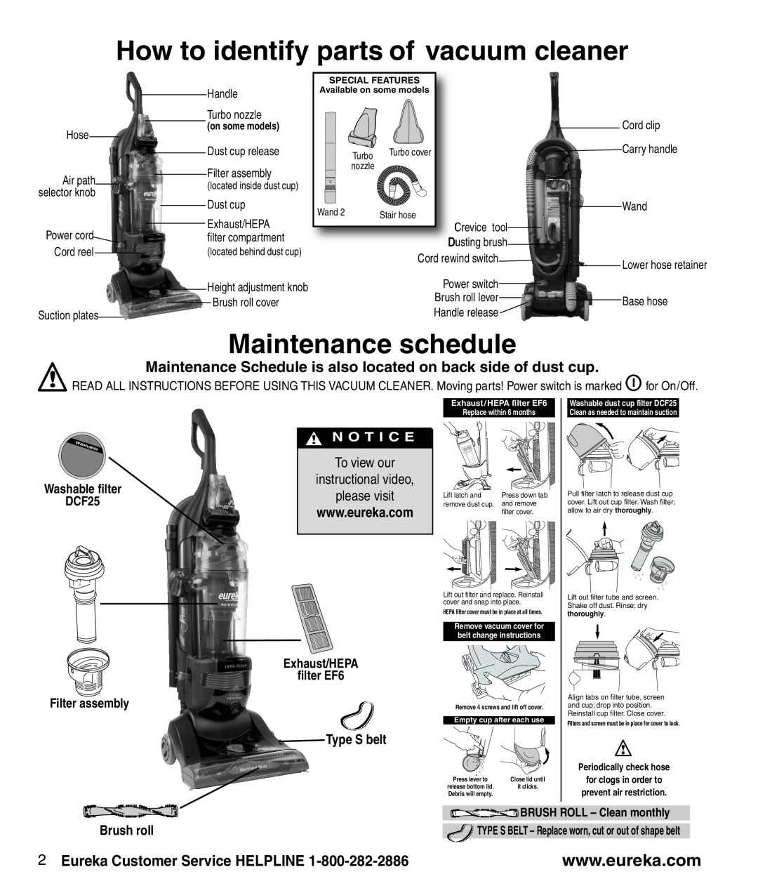 Eureka AS1001A How to identify parts of vacuum cleaner, Maintenance schedule, Eureka Customer Service HELPLINE, Brush roll 