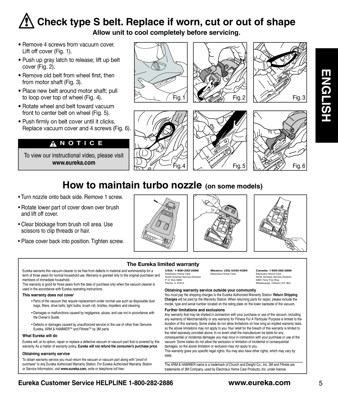 Eureka AS1001A manual Allow unit to cool completely before servicing, English, How to maintain turbo nozzle on some models 