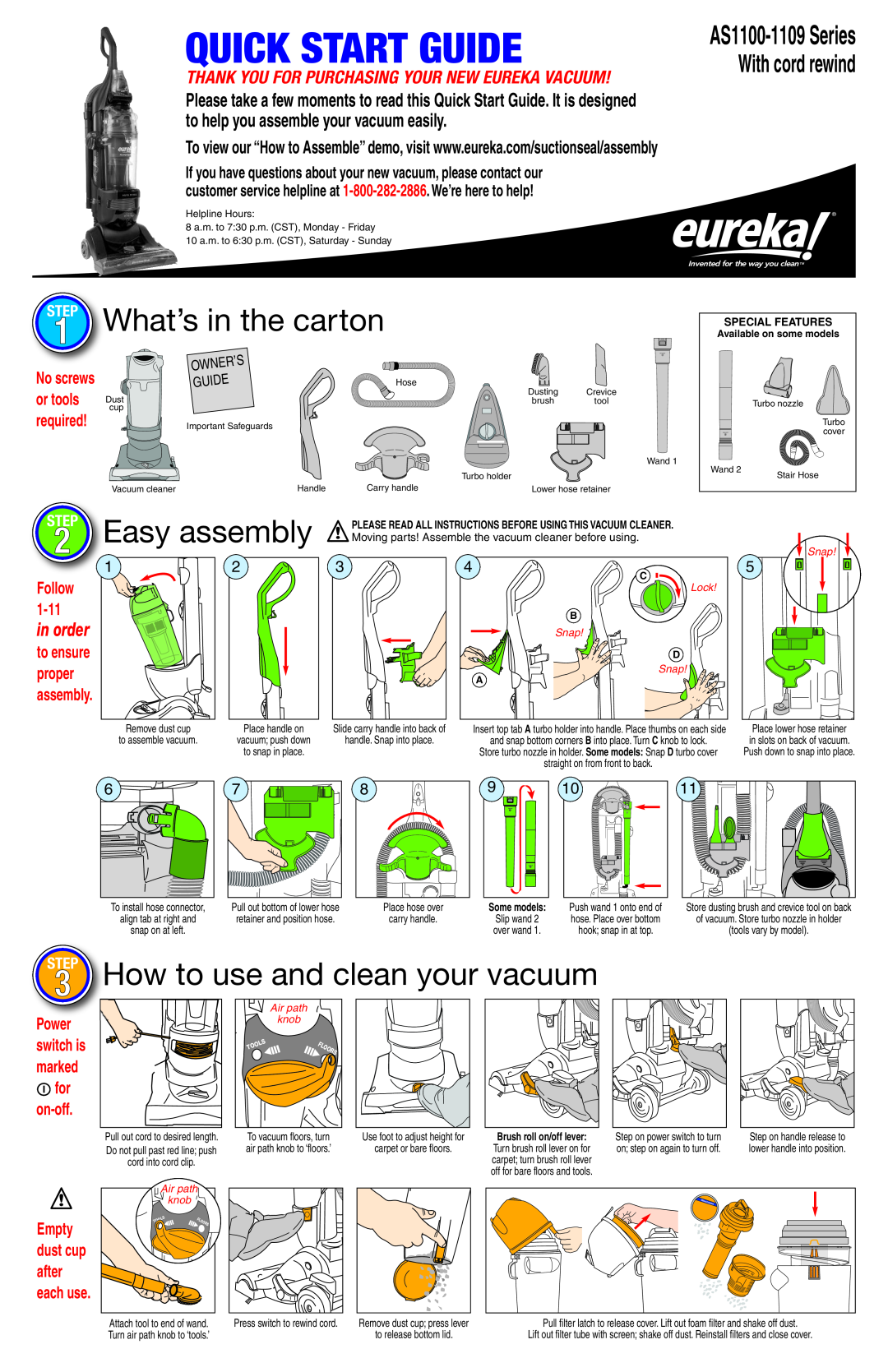 Eureka AS1100-1109 quick start Quick Start Guide, Easy assembly, How to use and clean your vacuum, What’s in the carton 