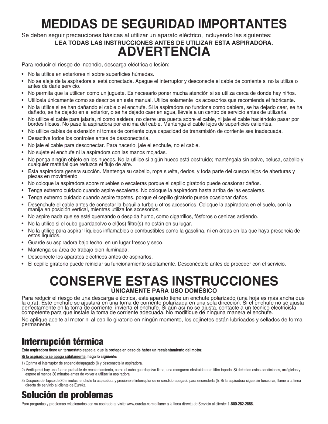 Eureka AS2013A manual Interrupción térmica, Solución de problemas 