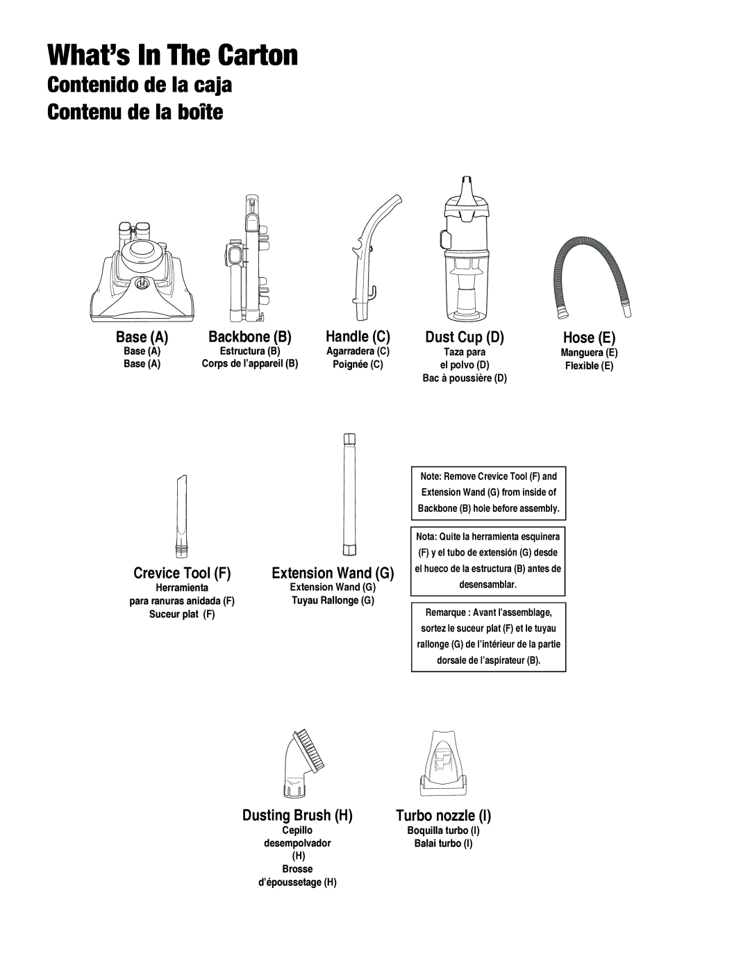 Eureka AS2013A manual Contenido de la caja Contenu de la boîte, Cepillo Desempolvador Brosse d’époussetage H 