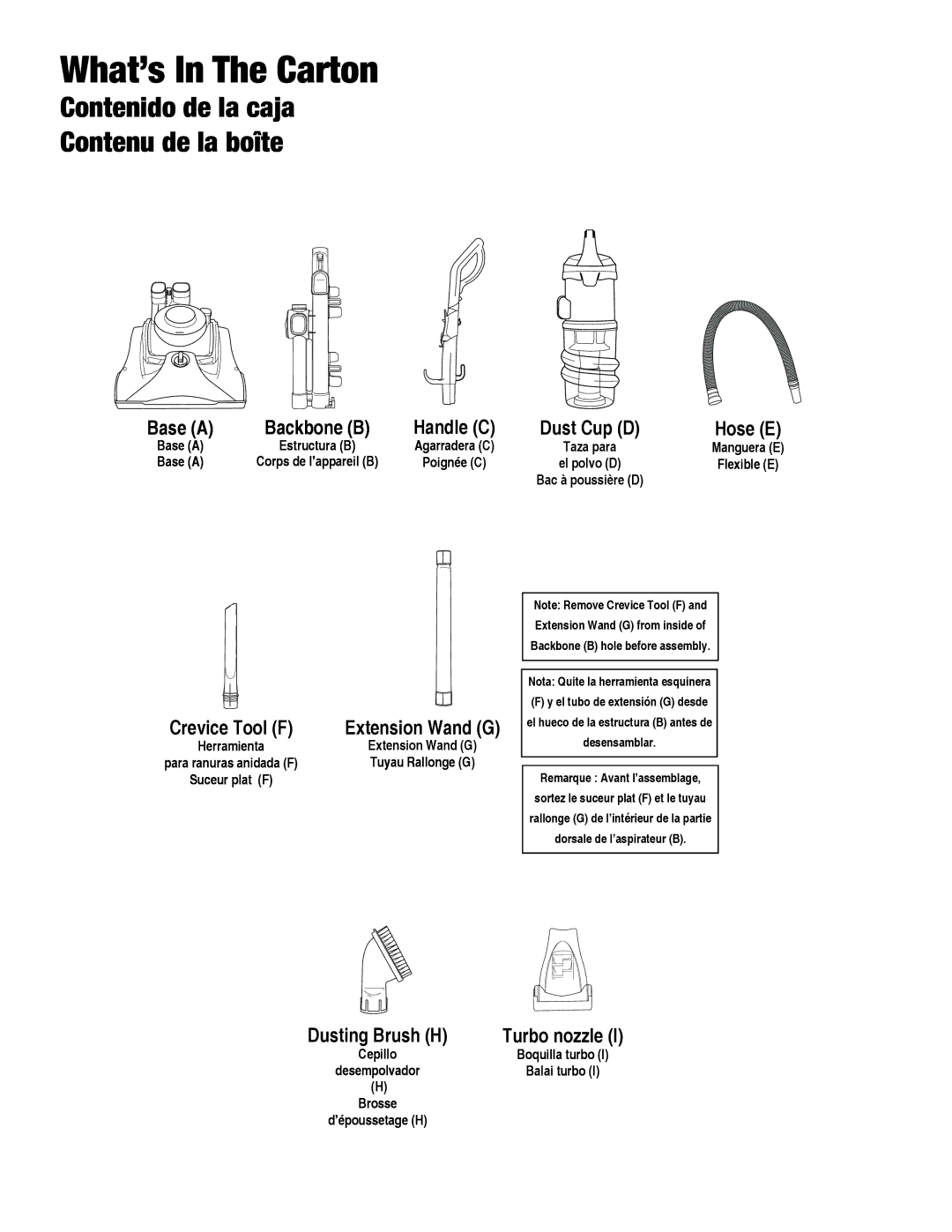 Eureka AS2030A manual Contenido de la caja Contenu de la boîte, Dusting Brush H, Turbo nozzle, Boquilla turbo Balai turbo 