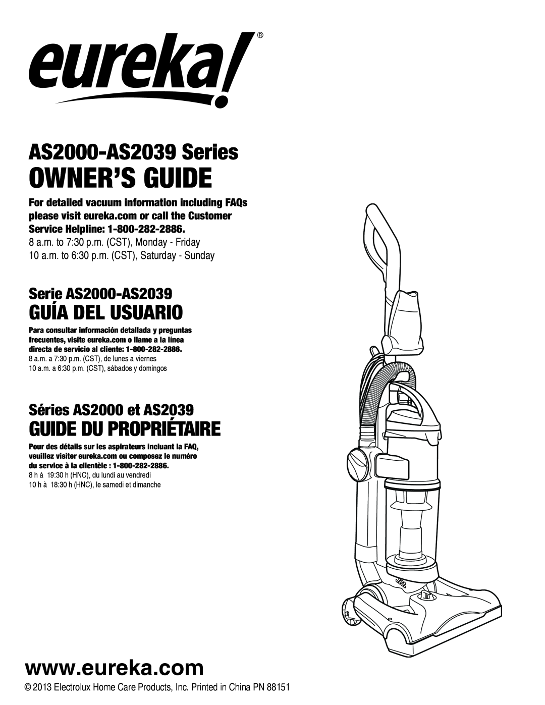 Eureka AS2030A manual Guía Del Usuario, Guide Du Propriétaire, Serie AS2000-AS2039, Séries AS2000 et AS2039, Owner’S Guide 