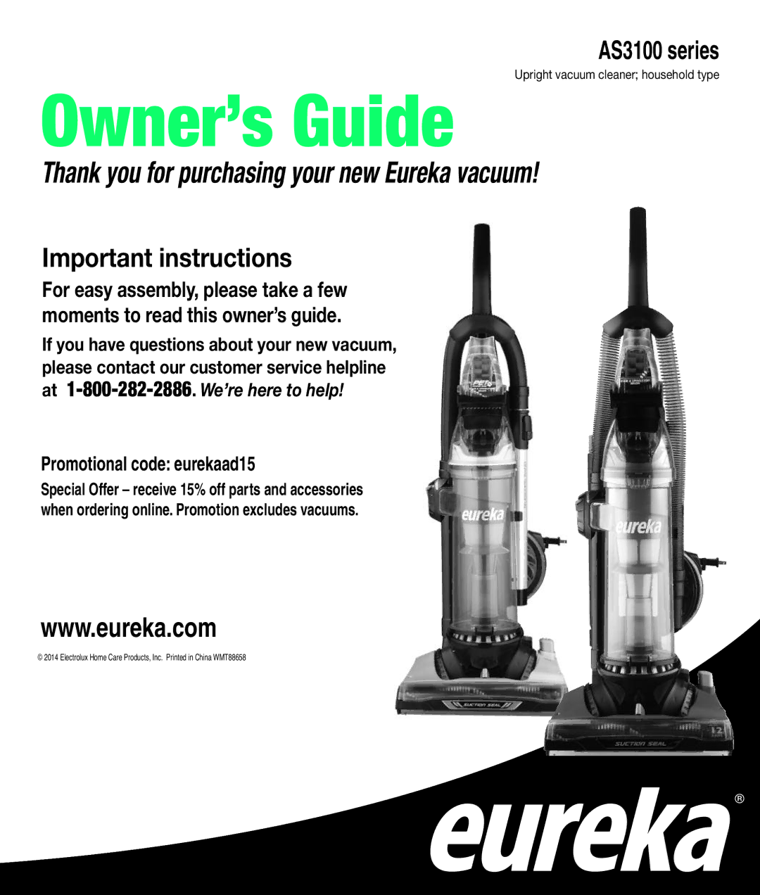 Eureka AS3100 manual Thank you for purchasing your new Eureka vacuum 