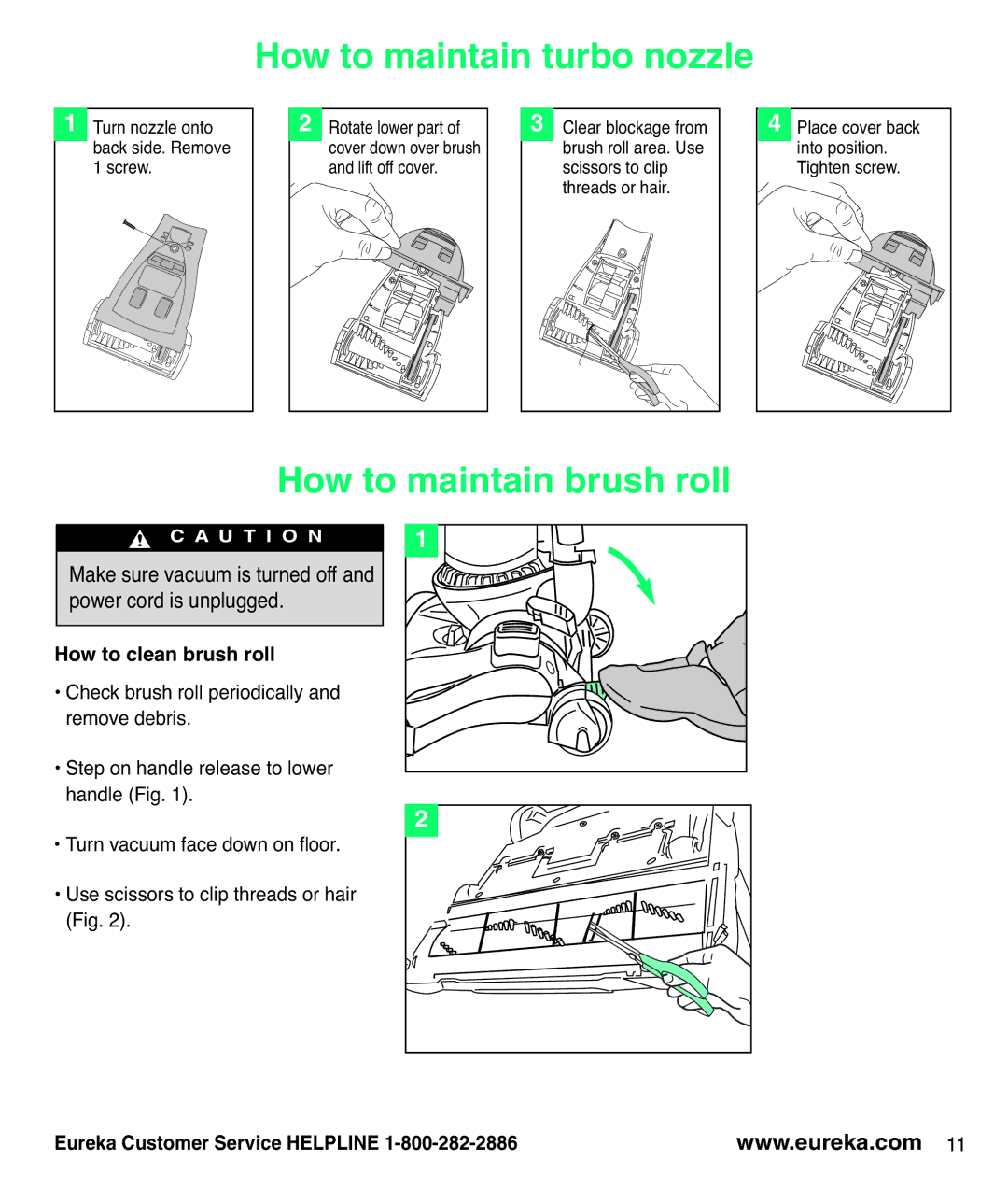 Eureka AS3100 manual How to maintain turbo nozzle, How to maintain brush roll, How to clean brush roll 