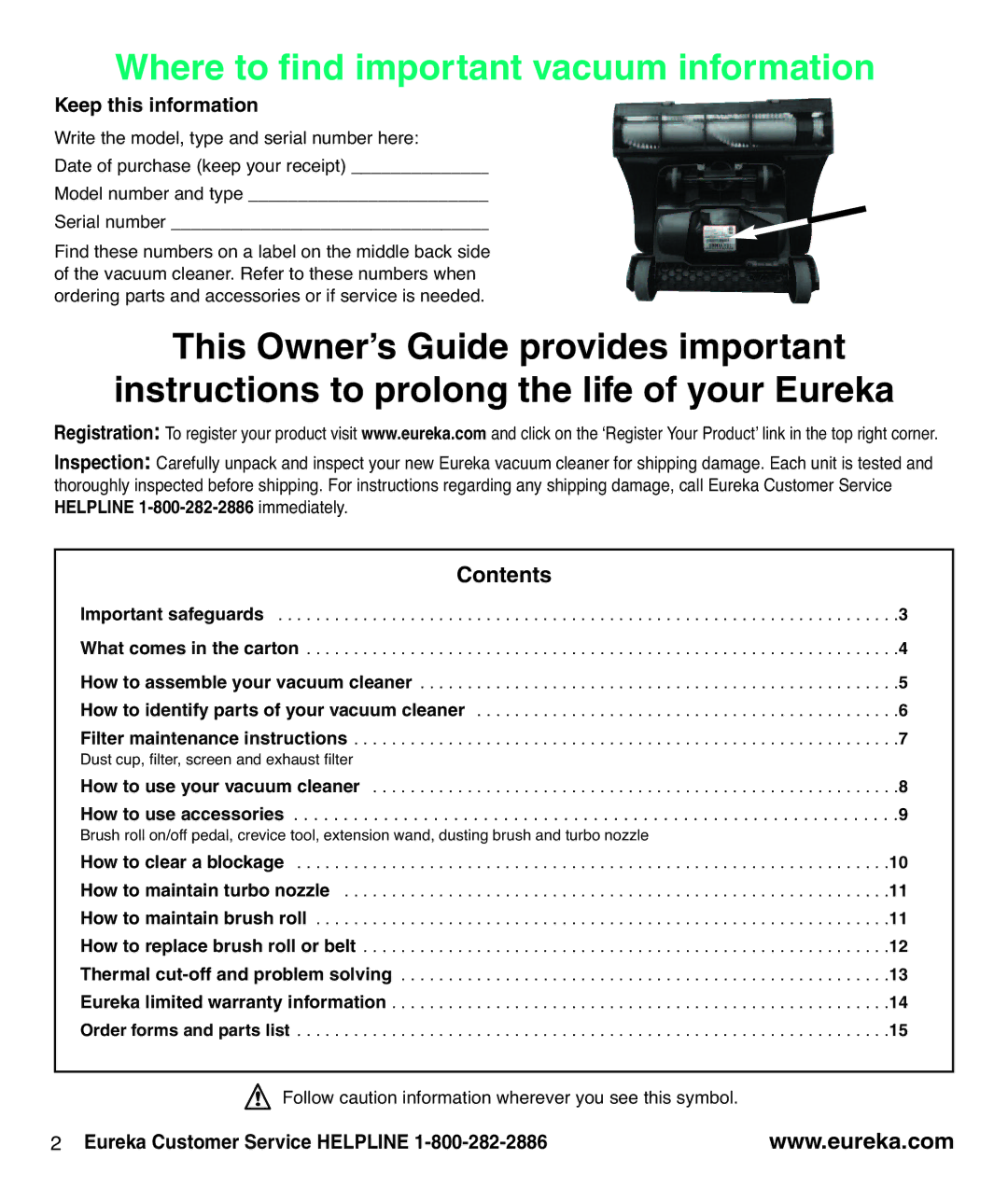 Eureka AS3100 manual Where to find important vacuum information, Contents 