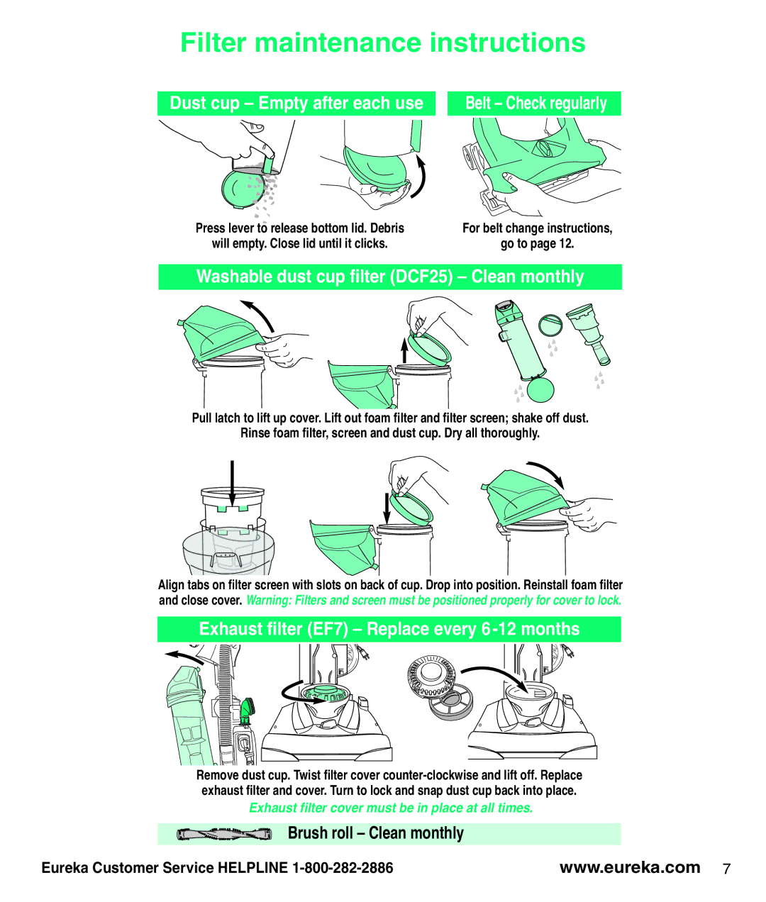 Eureka AS3100 manual Filter maintenance instructions, Dust cup Empty after each use 