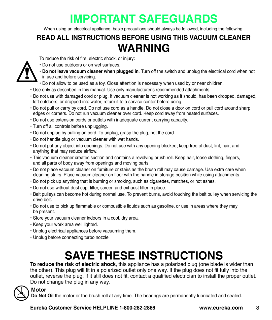 Eureka AS3100 manual Read All Instructions Before Using This Vacuum Cleaner, Important Safeguards, Save These Instructions 