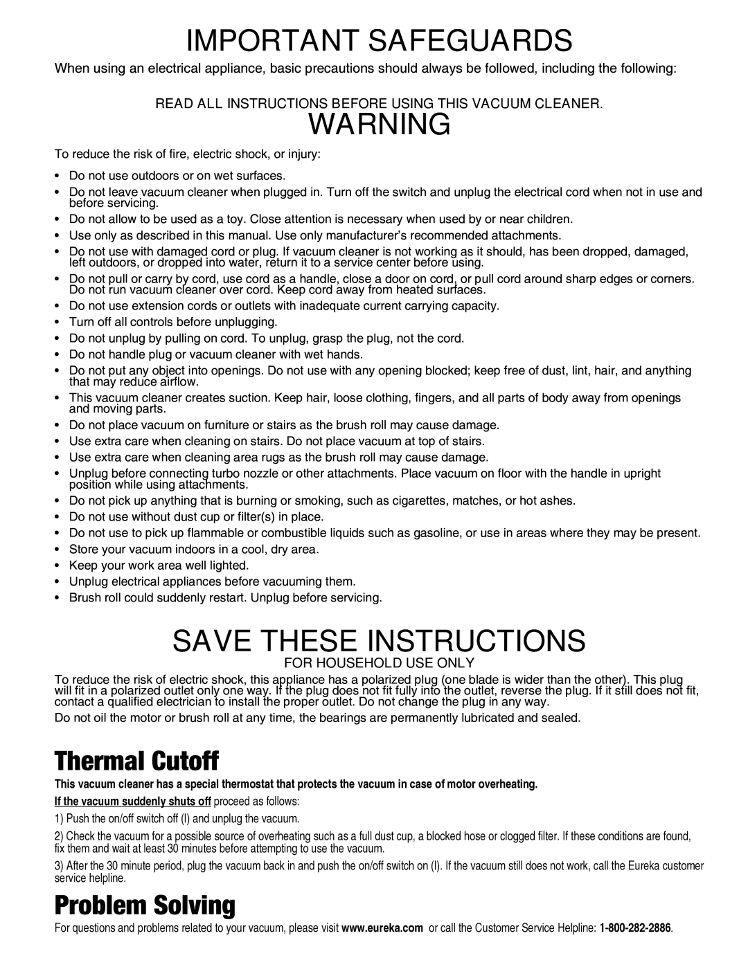 Eureka AS4008A manual Important Safeguards, Read ALL Instructions Before Using this Vacuum Cleaner, For Household USE only 