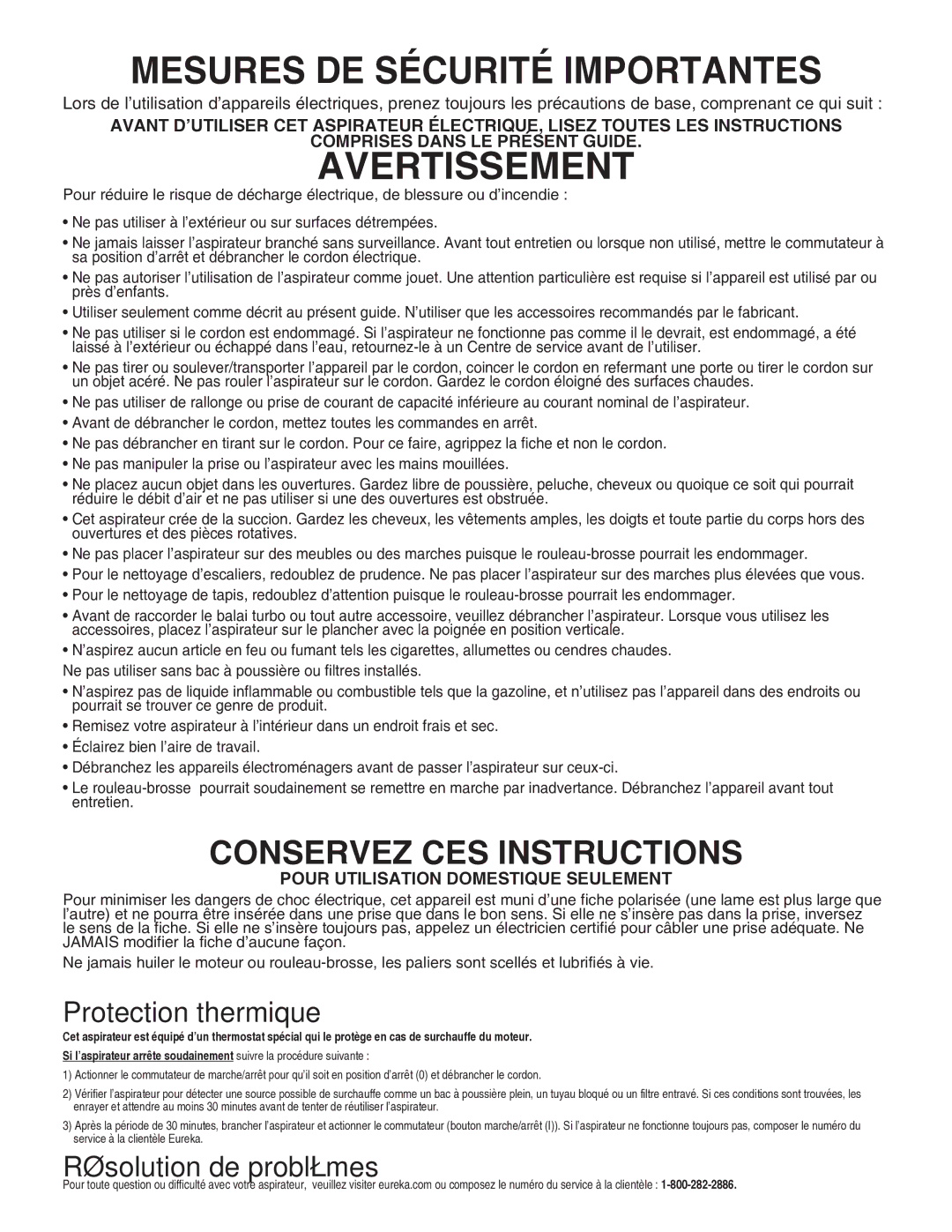 Eureka AS4008A manual Mesures DE Sécurité Importantes, Avertissement, Protection thermique, Résolution de problèmes 