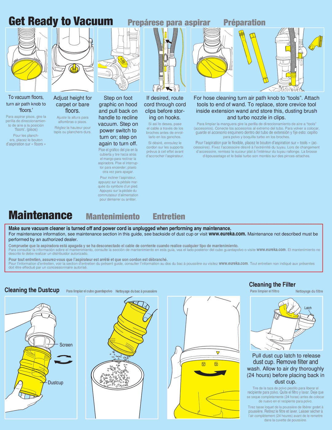 Eureka AS4008A manual Get Ready to Vacuum Prepárese para aspirar Préparation 