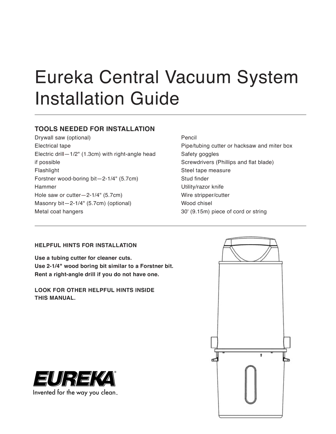 Eureka Central Vacuum Cleaner manual Eureka Central Vacuum System Installation Guide 