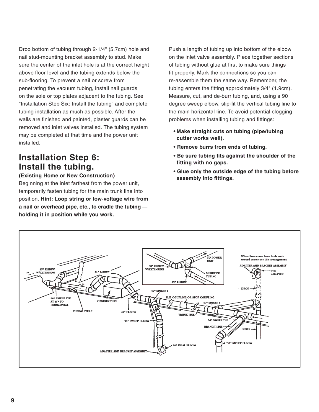 Eureka Central Vacuum Cleaner manual Installation Step Install the tubing, Existing Home or New Construction 