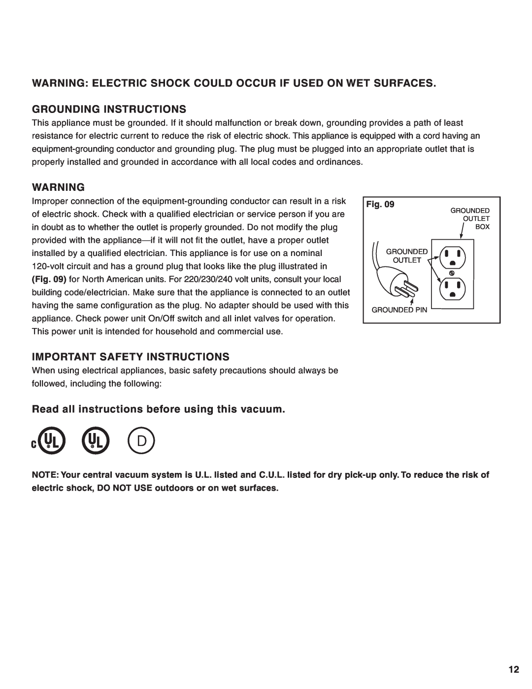 Eureka Central Vacuum Cleaner manual Warning Electric Shock Could Occur If Used On Wet Surfaces, Grounding Instructions 