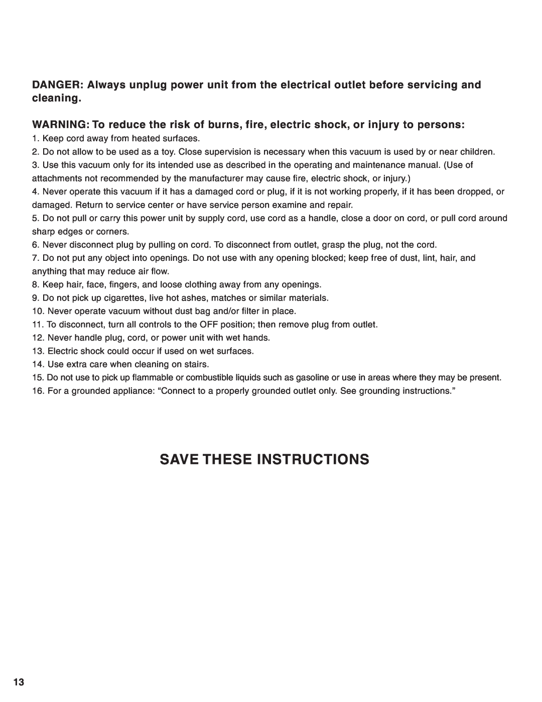 Eureka Central Vacuum Cleaner manual Save These Instructions 