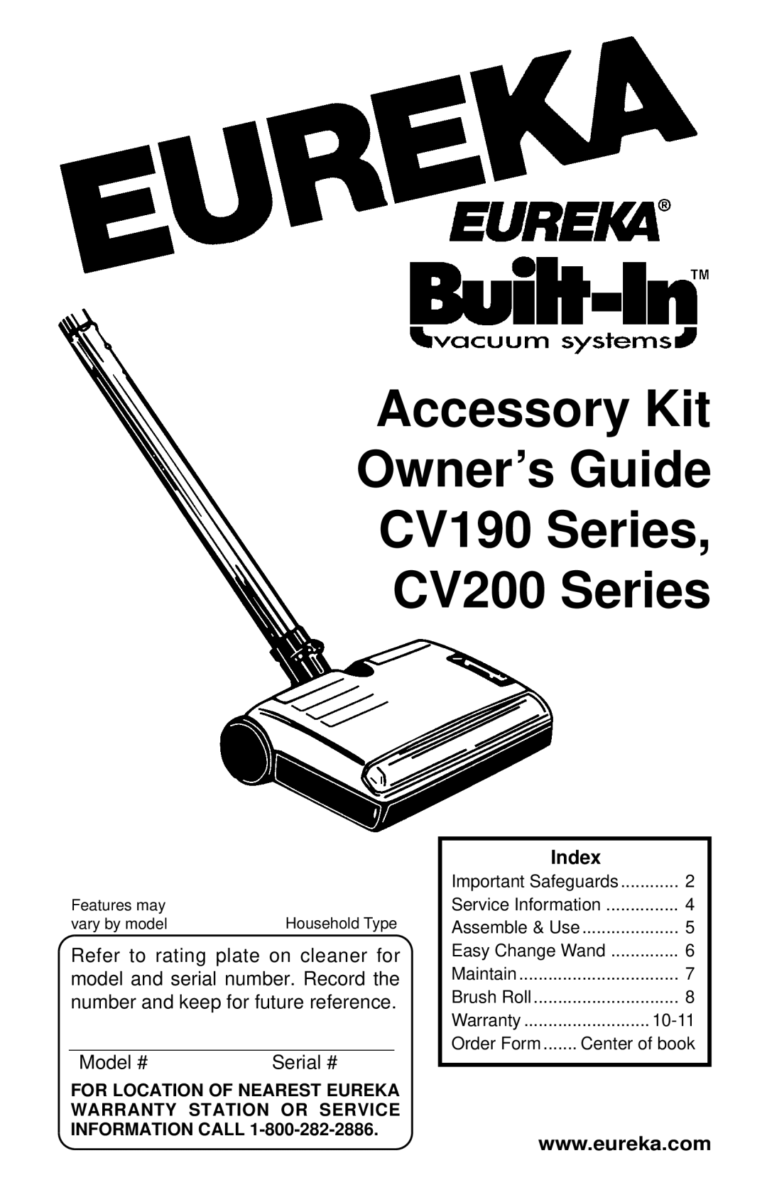 Eureka warranty Accessory Kit Owner’s Guide CV190 Series CV200 Series 