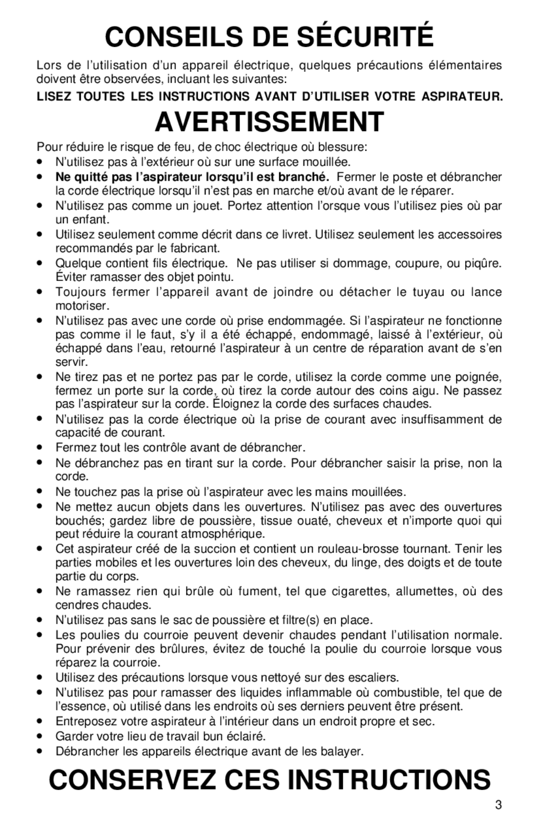 Eureka CV190, CV200 warranty Conseils DE Sécurité 