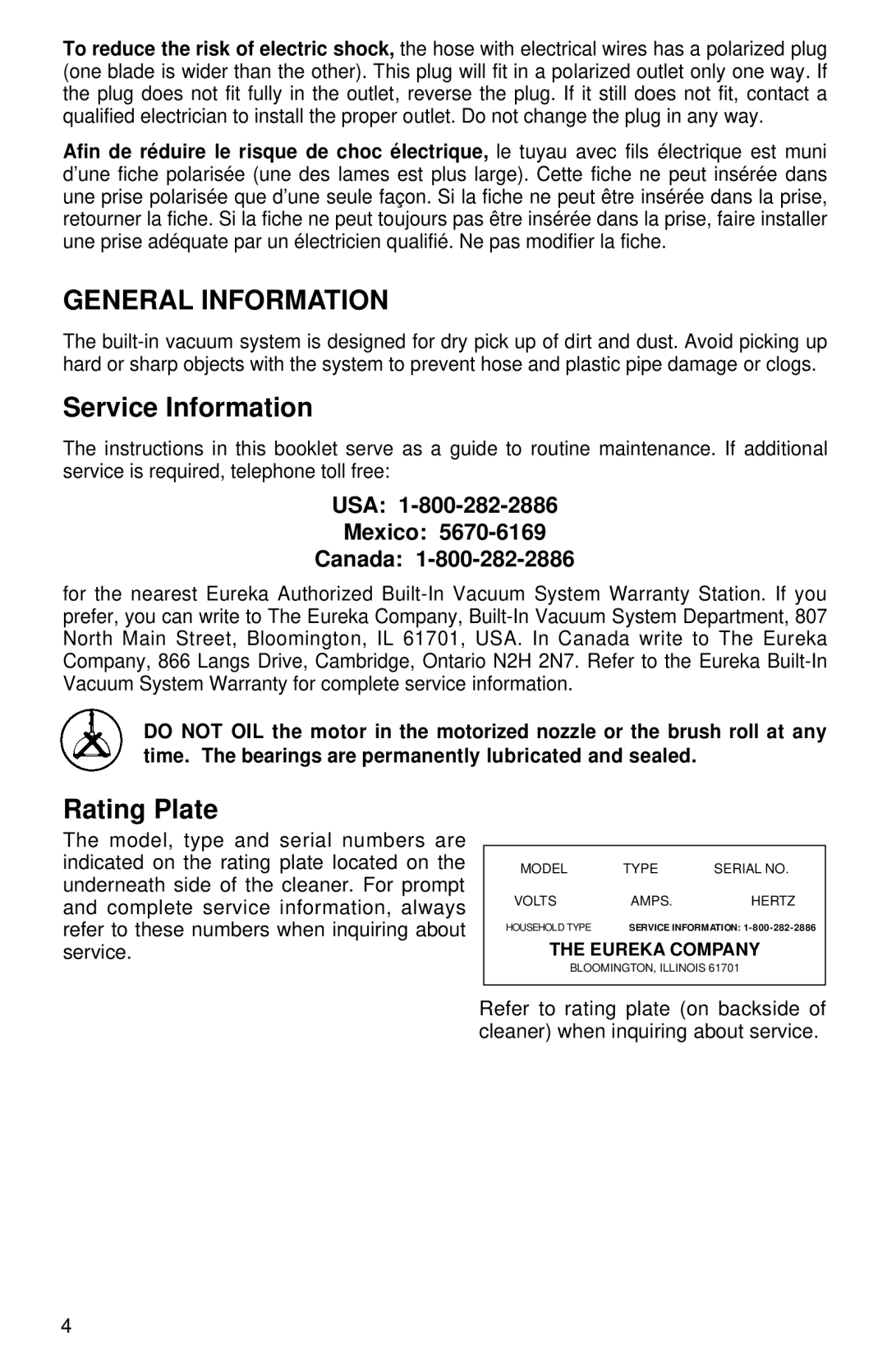 Eureka CV200, CV190 warranty General Information, Service Information, Rating Plate 