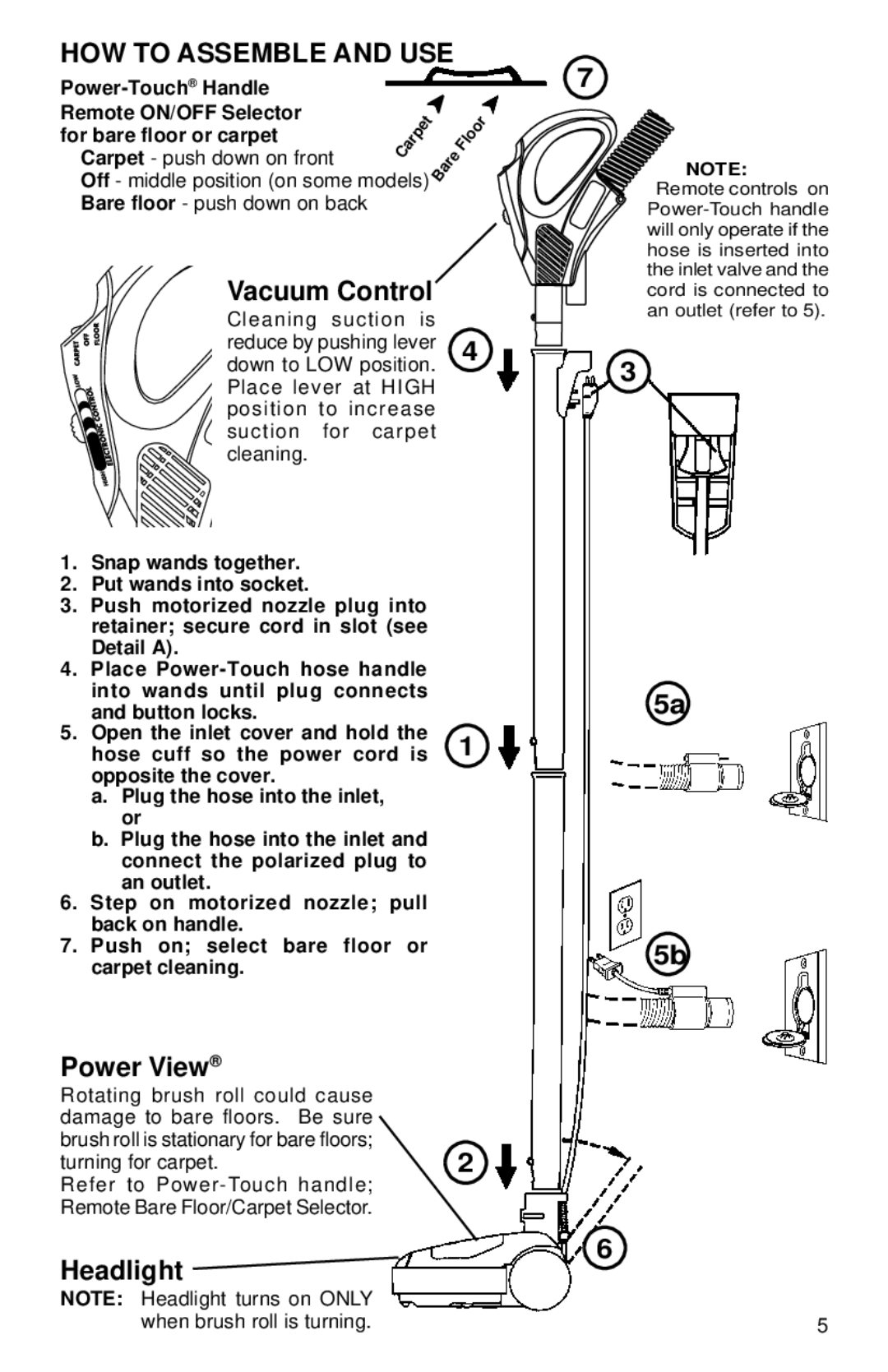 Eureka CV190, CV200 warranty HOW to Assemble and USE, Vacuum Control, Power View, Headlight 