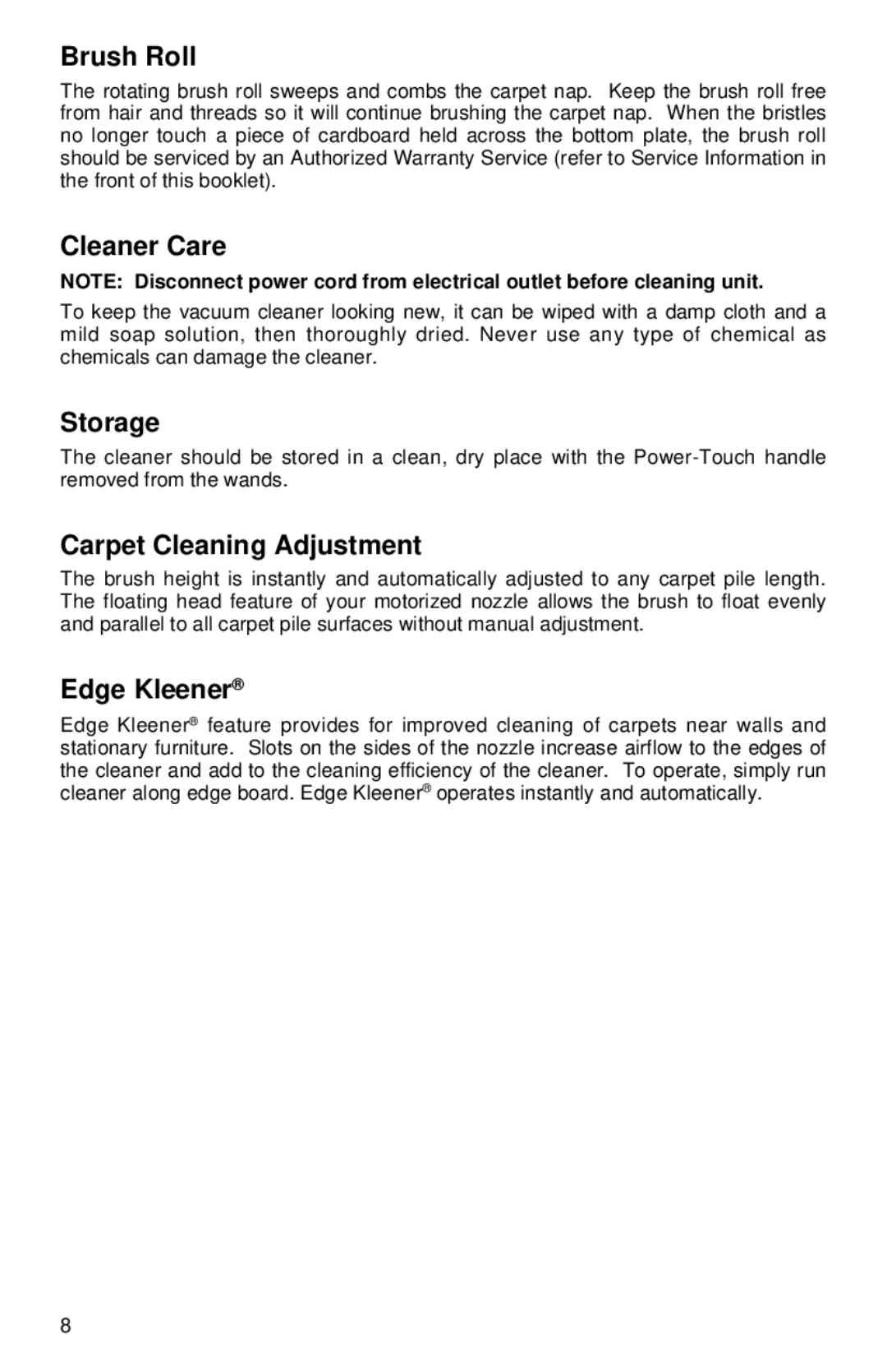 Eureka CV200, CV190 warranty Brush Roll, Cleaner Care, Storage, Carpet Cleaning Adjustment, Edge Kleener 