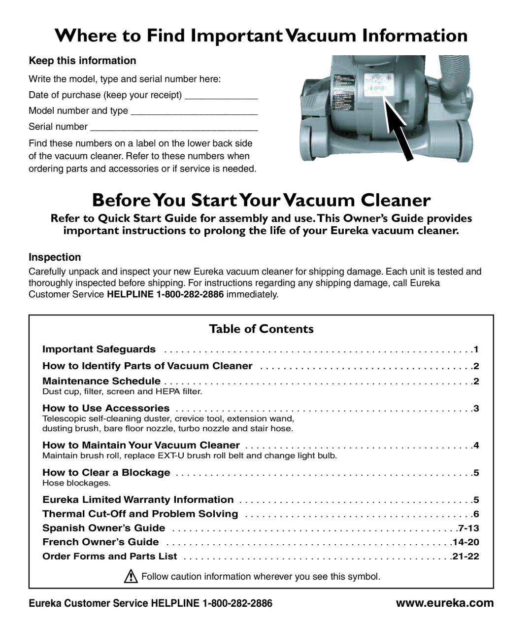 Eureka eureka manual Where to Find Important Vacuum Information, BeforeYou Start Your VacuumCleaner 