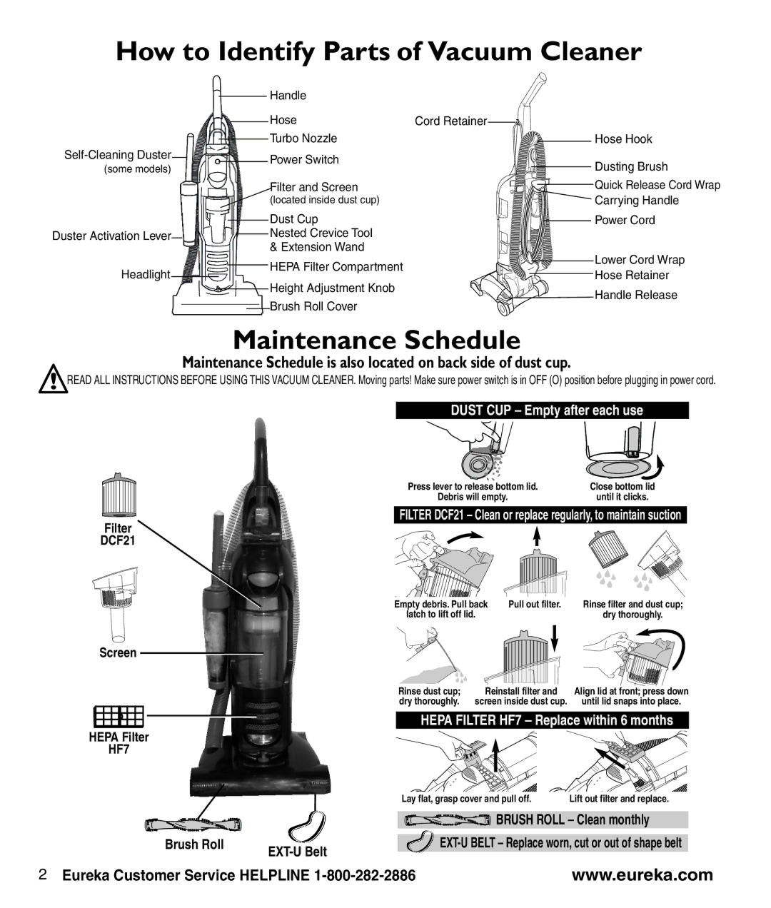 Eureka eureka manual How to Identify Parts of Vacuum Cleaner, Maintenance Schedule, Brush Roll EXT-U Belt, Filter 