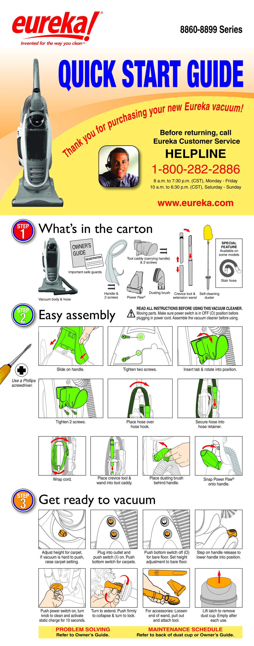 Eureka eureka quick start Quick Start Guide, What’s in the carton, Easy assembly, Get ready to vacuum, Helpline, Series 