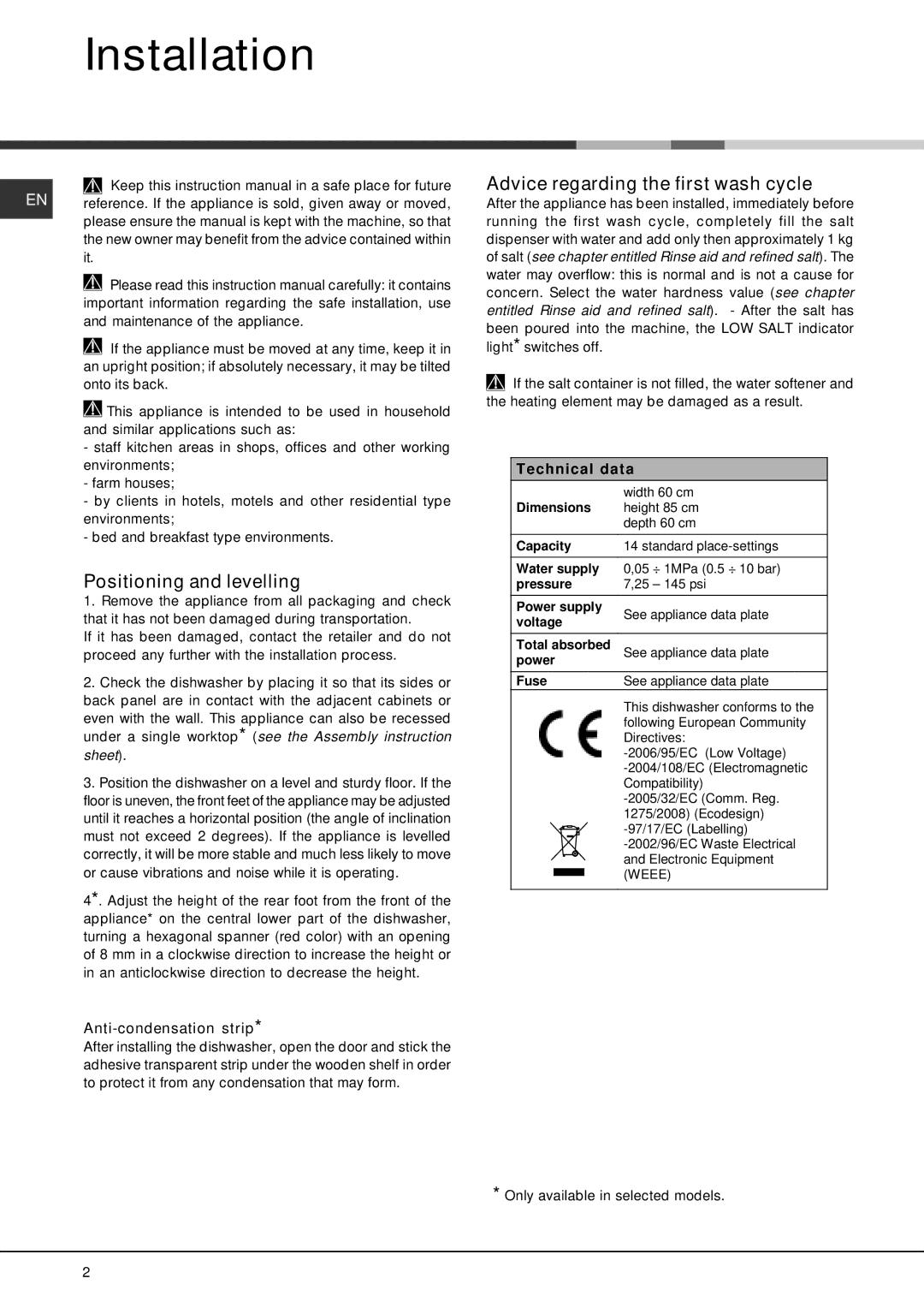 Eureka fdem 3101 manual Installation, Positioning and levelling, Advice regarding the first wash cycle, Technical data 